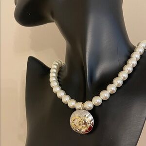 Chanel Two Tone Round Quilted Charm And Pearl Necklace;
